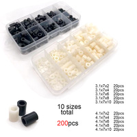 200pcs/set M3 M4 10 Sizes Black White ABS Nylon Plastic Non-Threaded Spacer Hollow Standoff Assortment Kit Washer Set Box