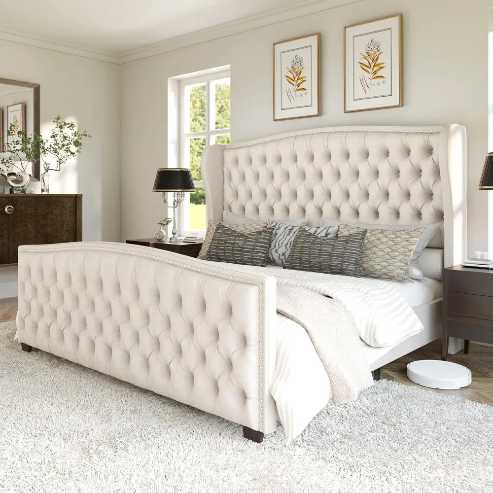 

Queen Size Platform Bed Frame, Velvet Upholstered Bed with Deep Button Tufted & Nailhead Trim Wingback Headboard