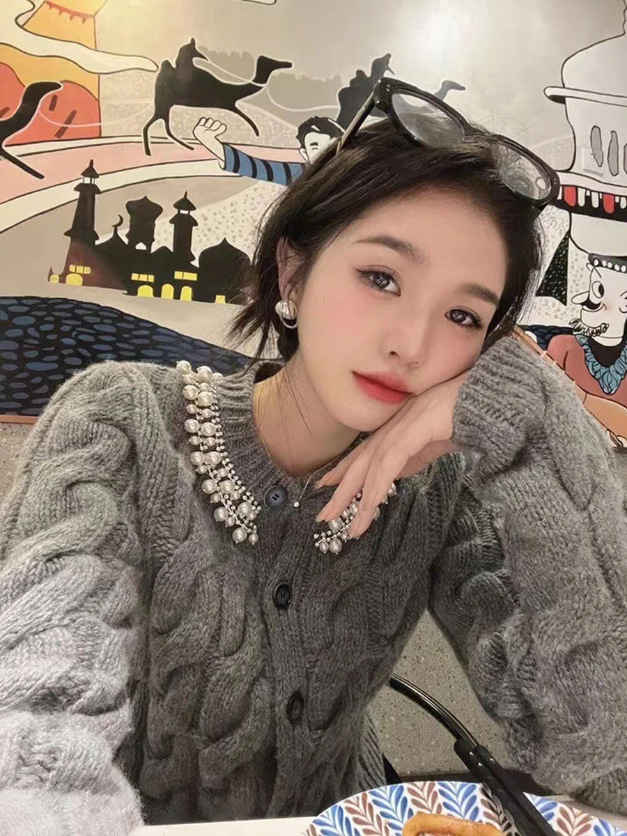 

Knitted Open Cardigan Women's Faion Pearl Embellied Diamond Splicing Twist Cotton Blend Long Sve Sweater