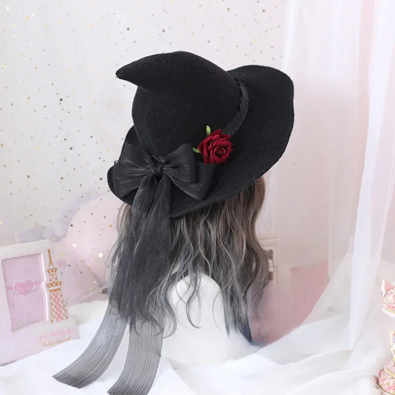 Halloween Cosplay Loli Rose Bowknot Witch Hat Headwear Trendy Sweet Pointed Hat Girls Hair Accessories for Women Party Jewelry