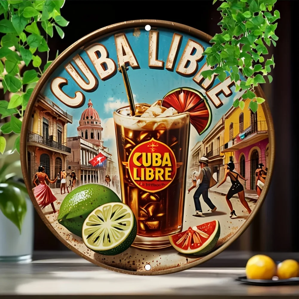 Placa de parede de alumínio vintage Cuba Libre, placa de lata de metal redonda 2D, resistente às intempéries, pré-perfurada, 7,87 "x 7,87", com texto em inglês