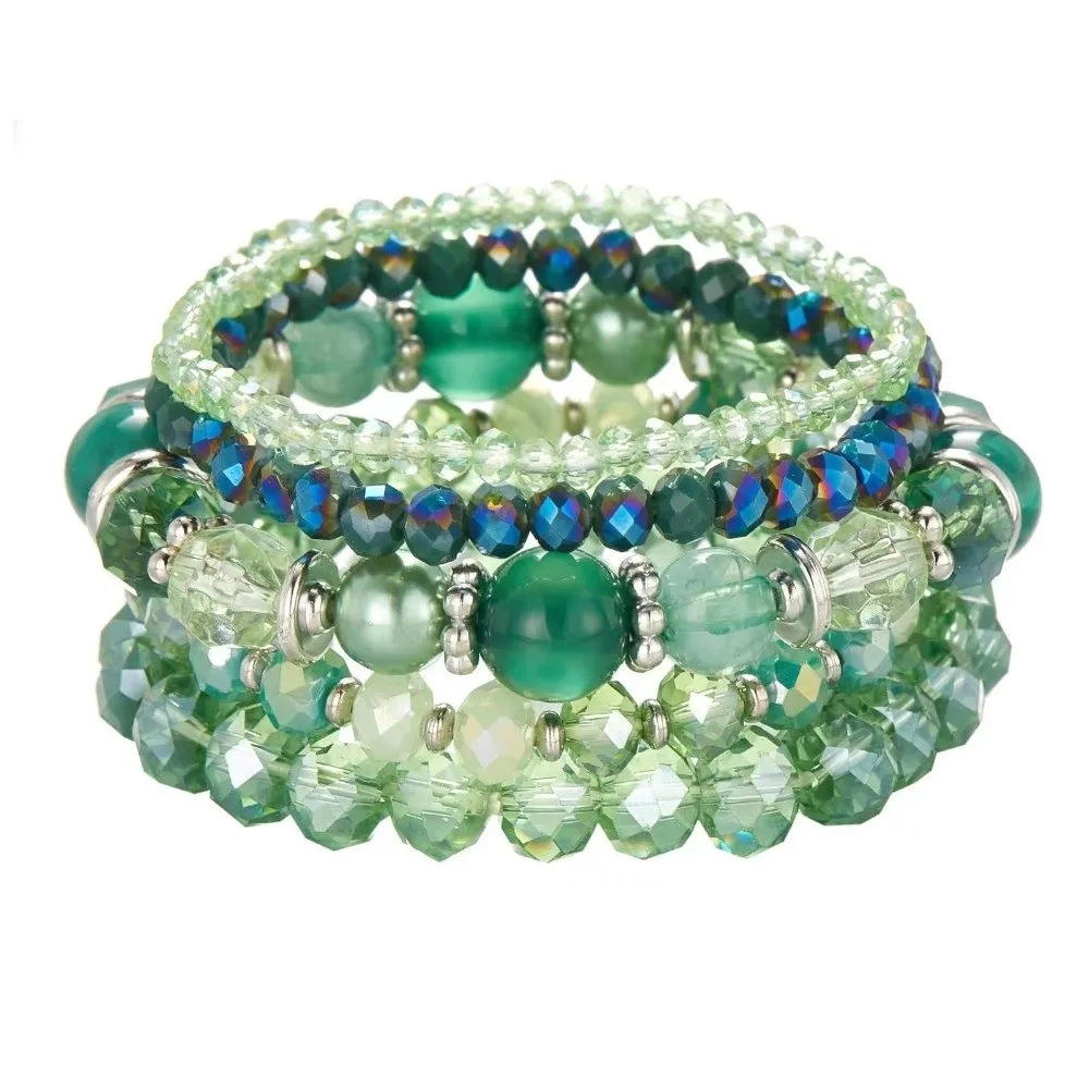 New Elastic Stretch Layered Bracelet Glass Bead Faceted Stackable Bracelet Chic Adjustable Multi-Strand Bracelet Daily Wear