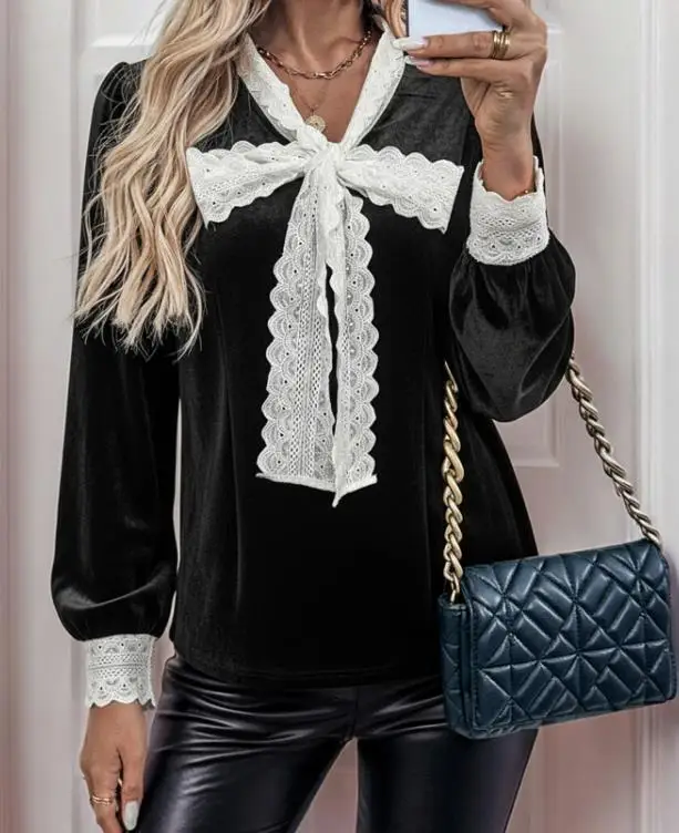 2026 Elegant New Fashion Casual Blouses Autumn and Winter Top Retro Splicing Lace Collar Long Sleeve Bow Velvet Shirt for Women