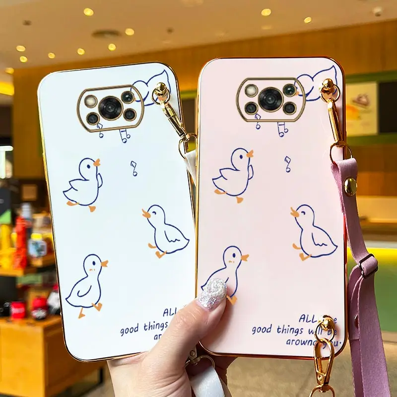 Singing Duck Lanyard Plating Phone Case For Xiaomi POCO X3 X5 X65 X4GT X3GT X4Pro X4NFC X5Pro M4Pro M5 M4 F5Pro F5 F4 F4GT Cover