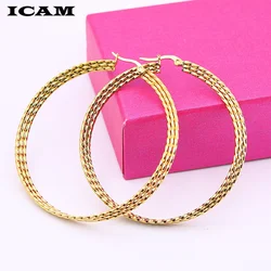 ICAM Vintage Gold Big Circle Hoop Earrings for Women Girl Ear Clip Stainless Fashion Earring Party Jewelry Accessories Gift