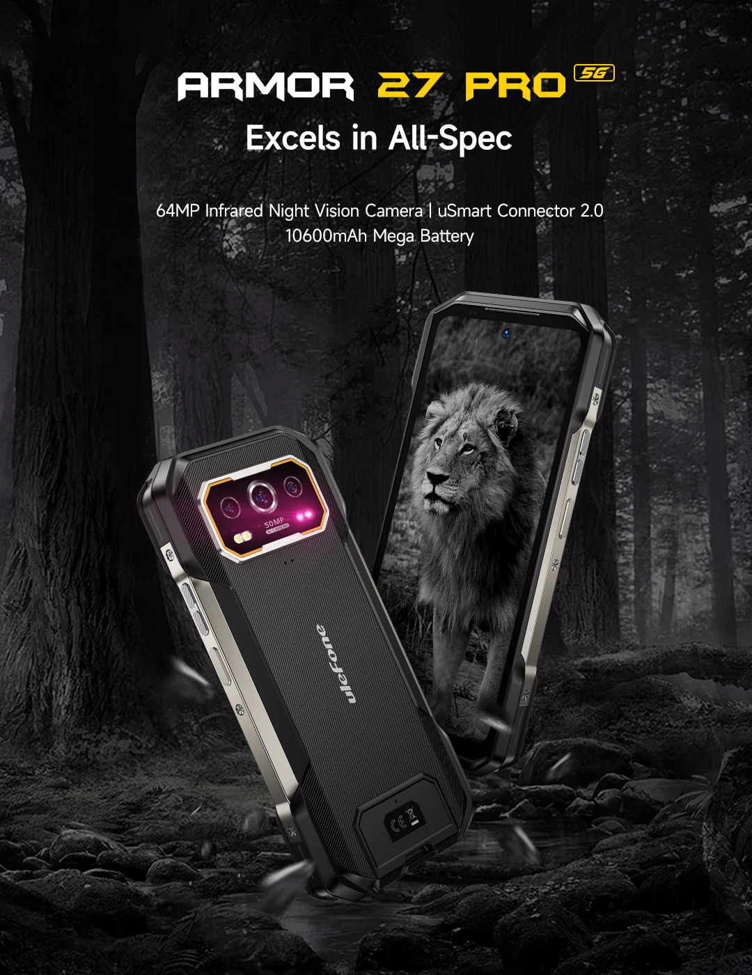 Ulefone Armor 27 Pro 5G Rugged Phone 10600mAh Smartphone 50MP Camera 64MP Night Android 15 Up to 24GB+256GB NFC Waterproof Phone