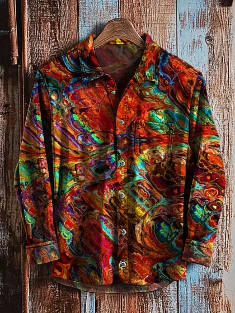 

Abstract oil painting art style men's long sleeve linen shirt 2025 new casual comfortable men's clothing trendy plus-size shirt