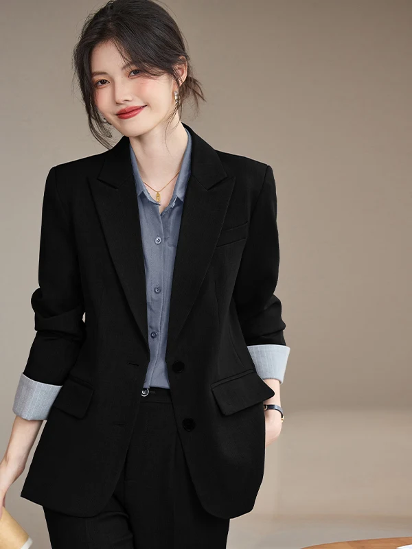 Elegant Pure Color Commute Professional Women's Suiting Set Casual Loose Outerwear Polyester Fiber Long Sleeve Single Button