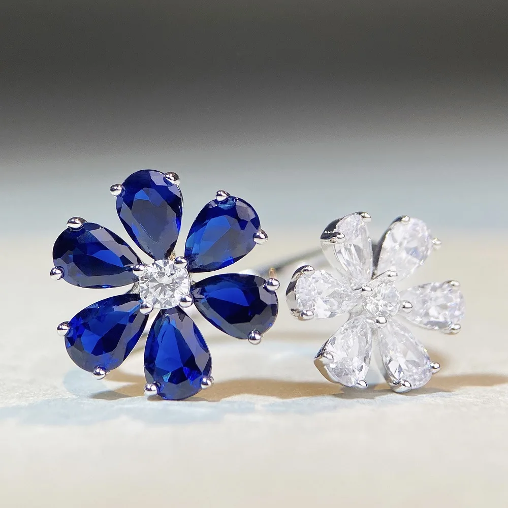 

25% Pure Silver Romantic Flower Shaped Zircon Ring, Light Luxury Niche Design Flower Ring Wholesale