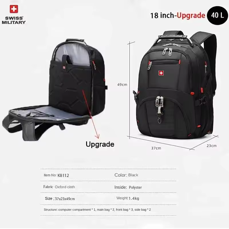 SWISS 17" Laptop Backpack Waterproof USB Charge Port Swiss-style Multifunctional Rucksack Schoolbag Mochila Hiking Travel bag - Image 12