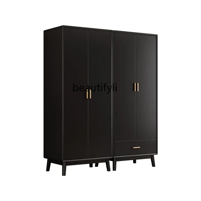 Solid Wood Wardrobe Black Retro Two-Door Double-Door Wardrobe Modern Minimalist Bedroom and Household Storage Locker