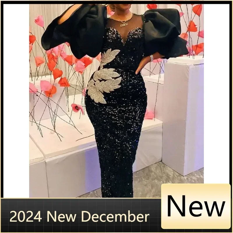 Vestido largo negro brillante con lentejuelas para mujer, bordado con purpurina en el pecho, manga abombada, elegante, para fiesta de invierno y otoño, vestidos de celebridades, nuevo