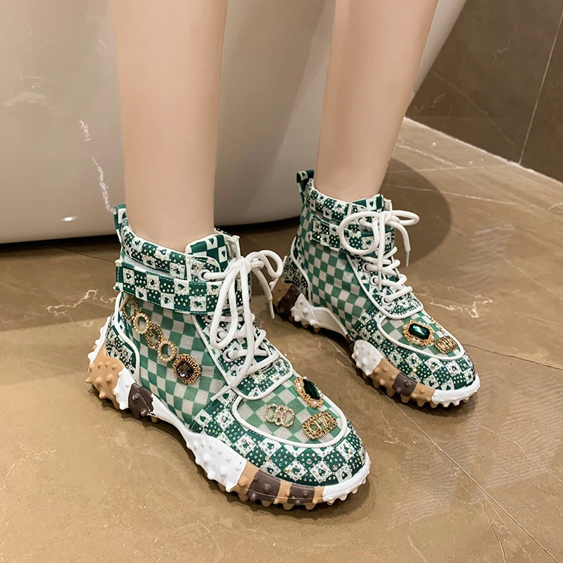 Women Casual Sneakers Luxury Designer Boots Rhinestone Diamond High-Top Thick Bottom Shoes Female Tennis Trainers Walking Shoes