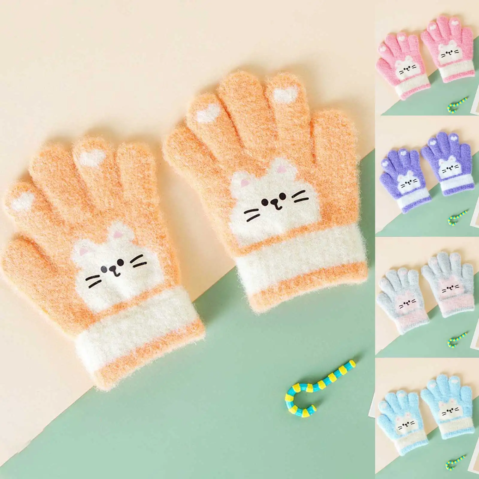 

Warm Fluffy Full-Finger Gloves for Children Boys Girls Children Full Fingers Stretchy Warm Mittens Cute Cat Pattern Knitted Glov