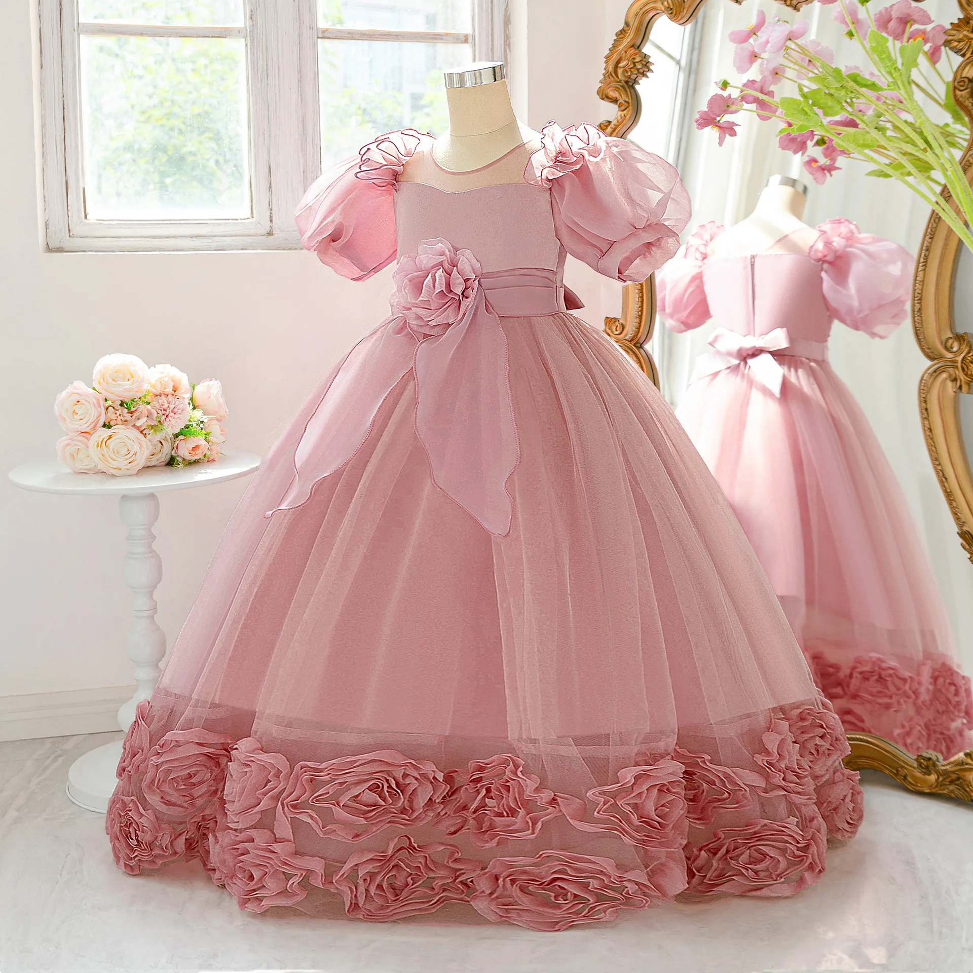 Festive Dress For Girl Flower Princess Dress Teenagers Christmas Party Birthday Stage Performance Gown Tulle Festive dress