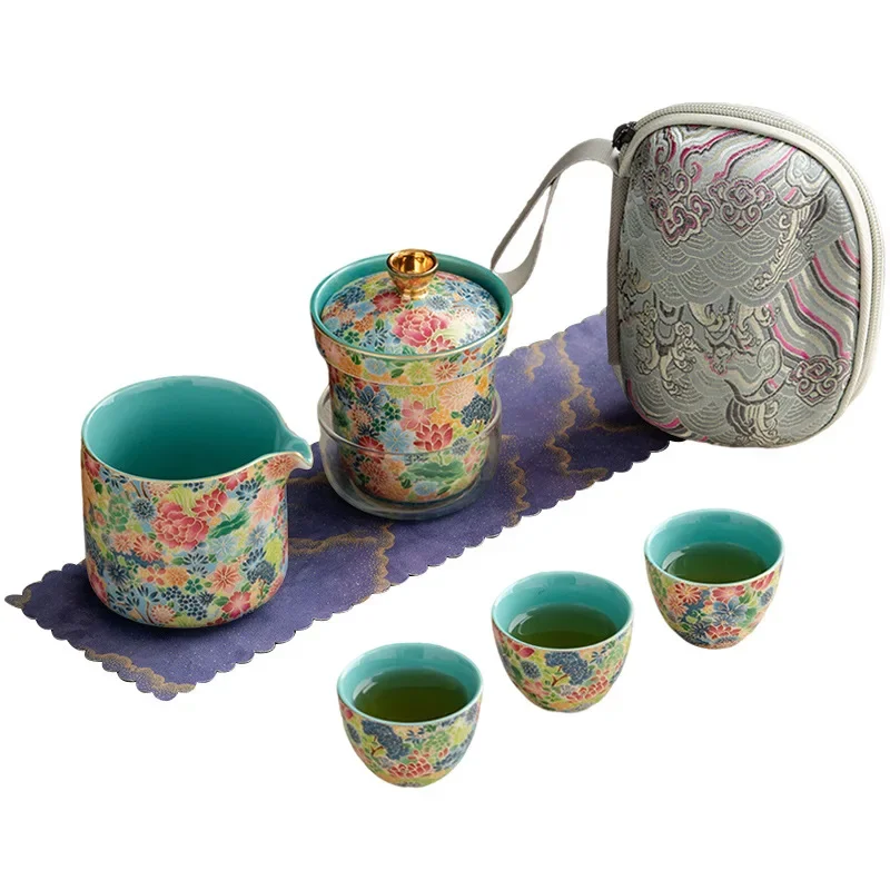 Green Colorful Designer Enamel Travel Tea Set Quick Cup One Pot Four Cups Portable Bag Teapot Tea Cup Outdoor Camping Teaware