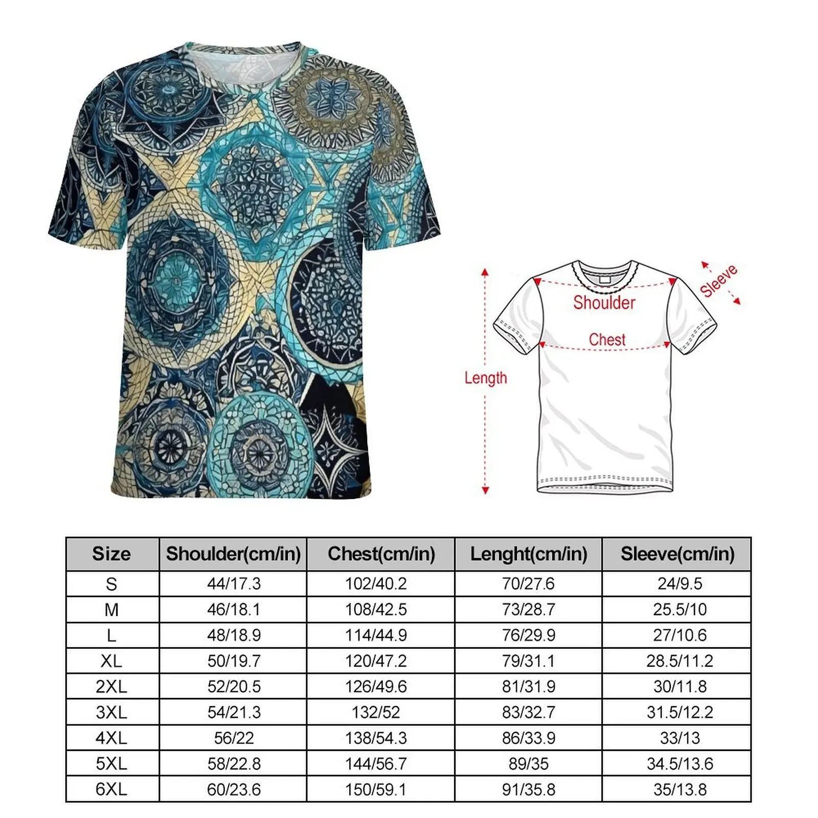 Blue Crackle Mandala Tile Print T-Shirt  Trendy T-Shirts Men Basic Tee Shirt Summer Short Sleeve Clothes Big Size 5XL 6XL