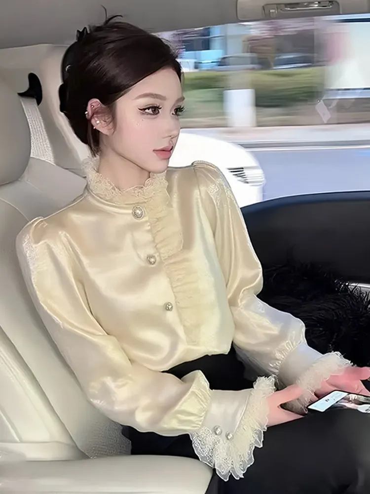 

Ele Lace Splice irt Women's Long Sve Stand Collar Spring Autumn New Sle Unique Beautiful Faion Casual Sle Slim...