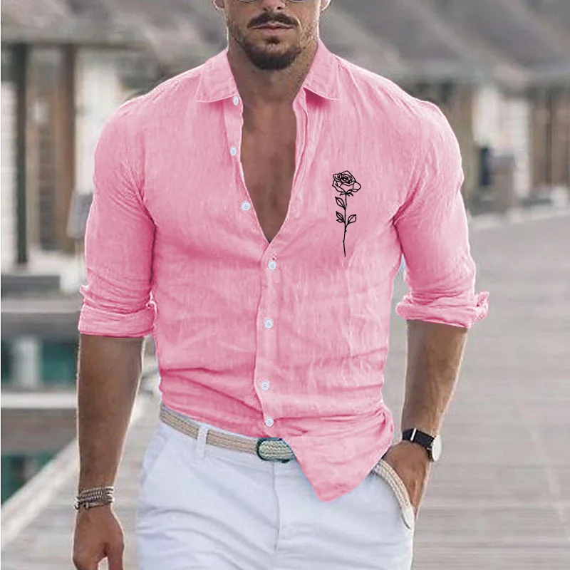 New Men\'s Summer Cotton And Linen Lapel Beach Shirt Long Sleeve Solid Color Hawaiian Holiday Clothing Rose Pattern Shirt