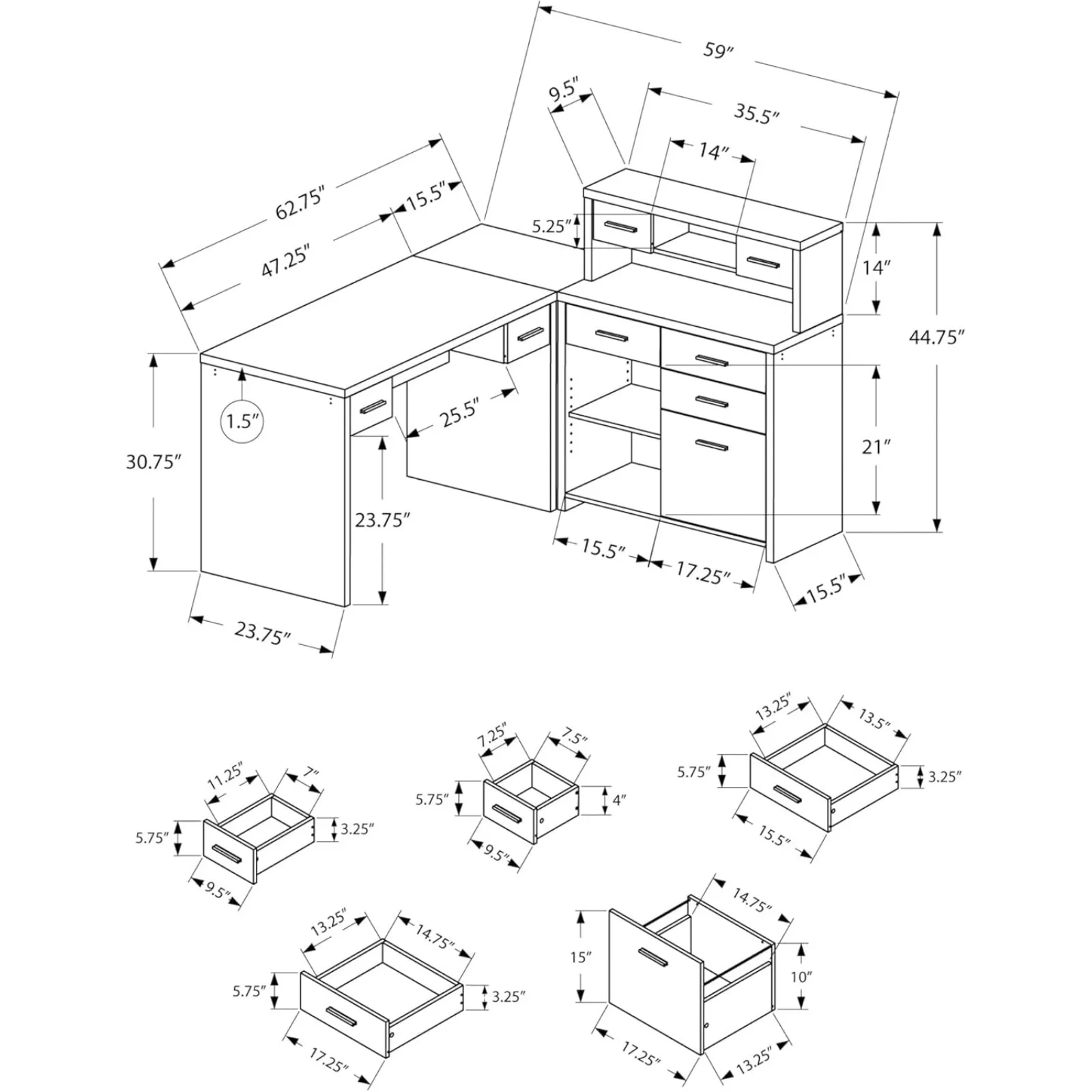 Bureau d'ordinateur américain en forme de L pour cappuccino, bureau d'angle à droite avec essuie-pieds, 60 "L