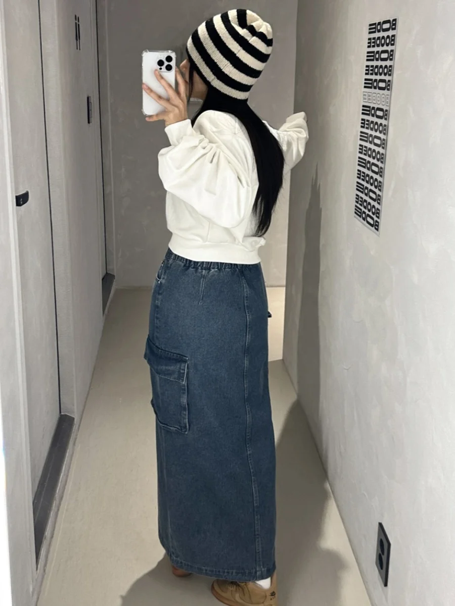 レトロウォッシュデニムミニスカート レディース ハイウエスト ストレートレッグ ウエストゴム 多用途 スリット入り ミディアム丈 コットン ワークウェア