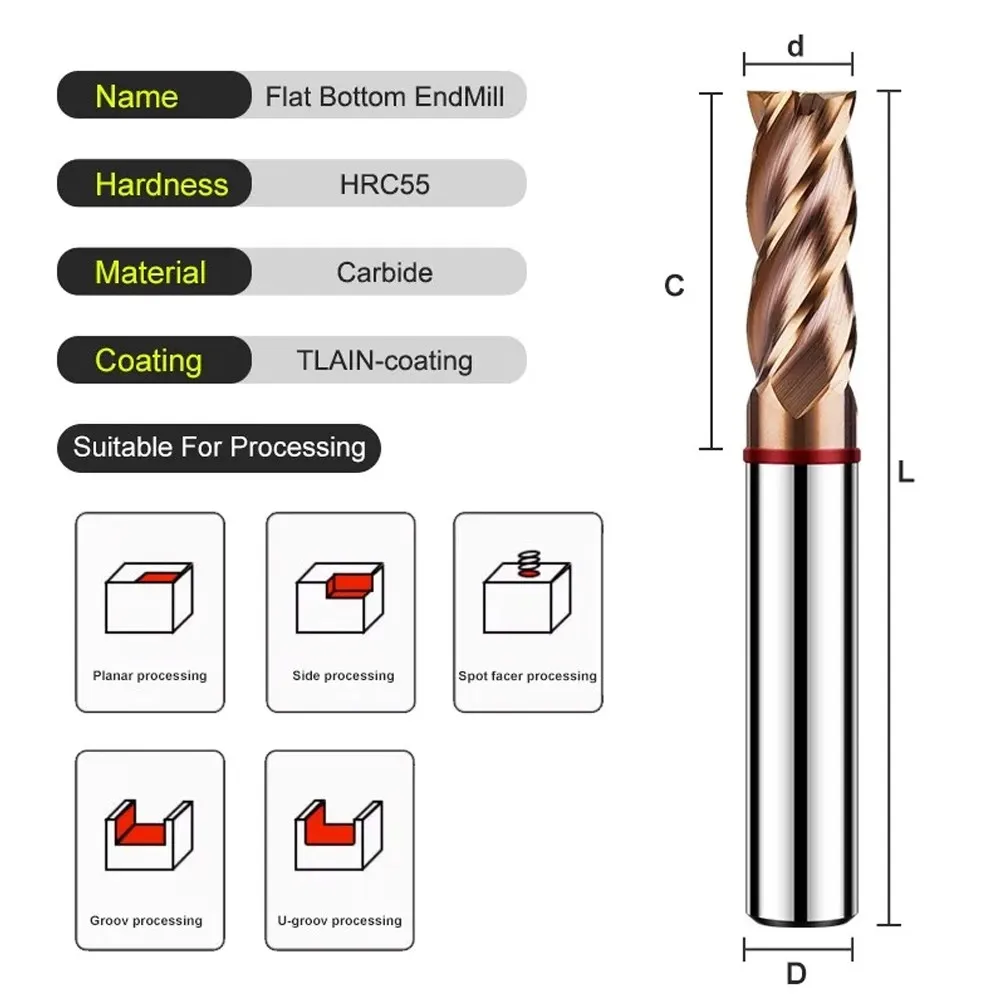 AZZKOR TGR-HRC55 4-Flute Inch Flat End Mill Tungsten Steel Carbide Color Circle Milling Cutter For CNC Machining Endmills Tools