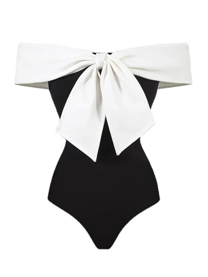 French Retro Black And White Color Palette For Women One-Piece Swimsuit Three-Dimensional Bow Skinny Sexy Bikini And Cover-Up