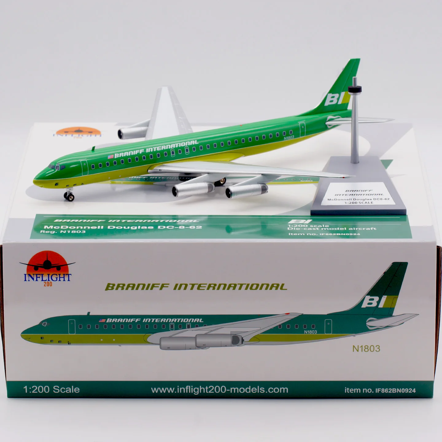 

Коллекционная модель самолета IF862BN0924 из сплава INFLIGHT 1:200, авиакомпания Braniff International Airways, Douglas DC-8-62, литая под давлением модель самолета N1803