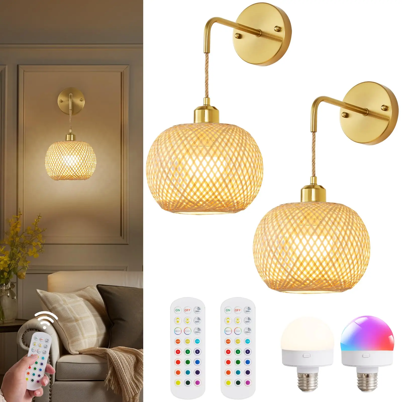 

Gold Battery Operated Wall Sconces Dimmable Set of 2 with Remote, Rechargeable Rattan Wall Lights, Wireless, Boho