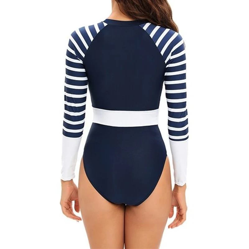 One piece long sleeved sun protection sexy triangle stripe slim fit, belly covering tight conservative swimsuit for women