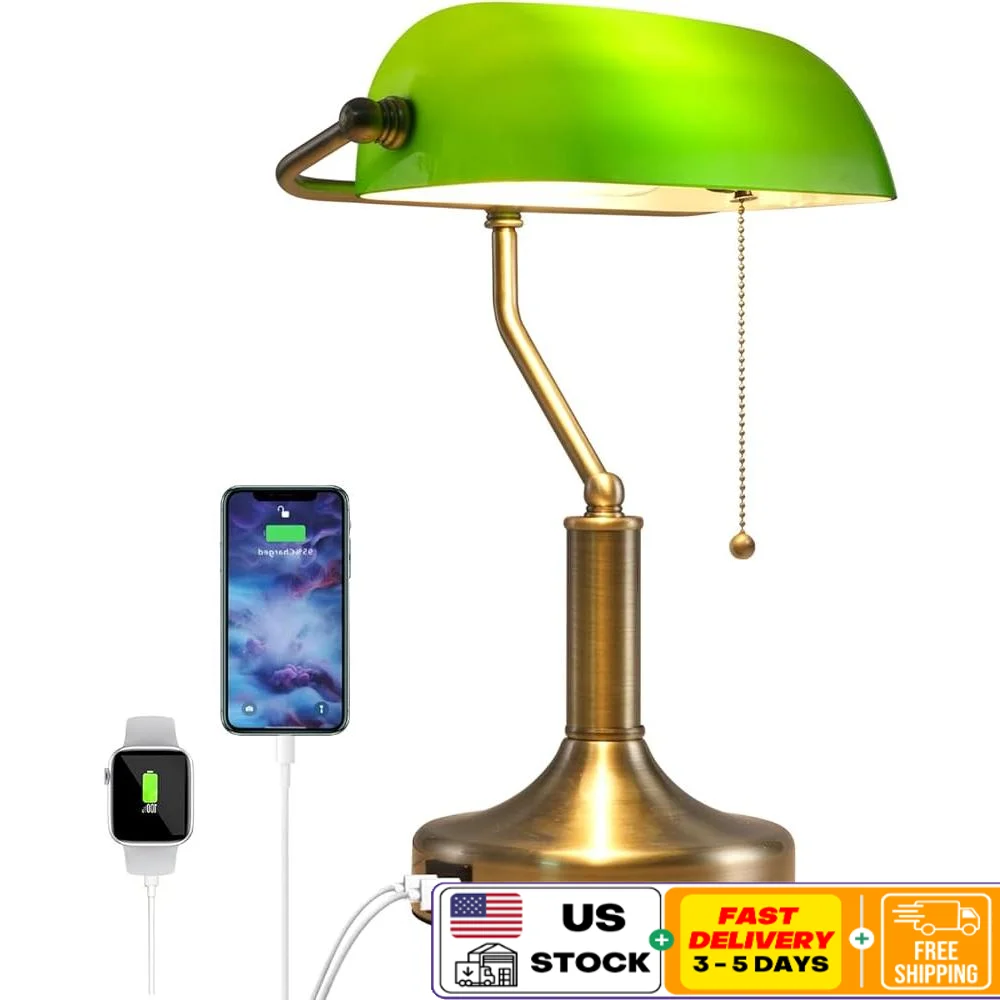 

Antique Brass Banker Desk Lamp Green Glass Shade with USB A C Charging Rotatable Lampshade E26 Compatible Table Light