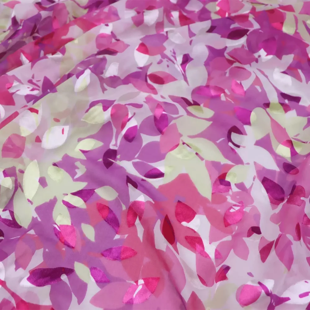 

Newest Shiny Pink Flowers Cheap Price Comfortable Silk Burn Out Fabric Breathable for Women Custom Cloth Evening Dress Scarf