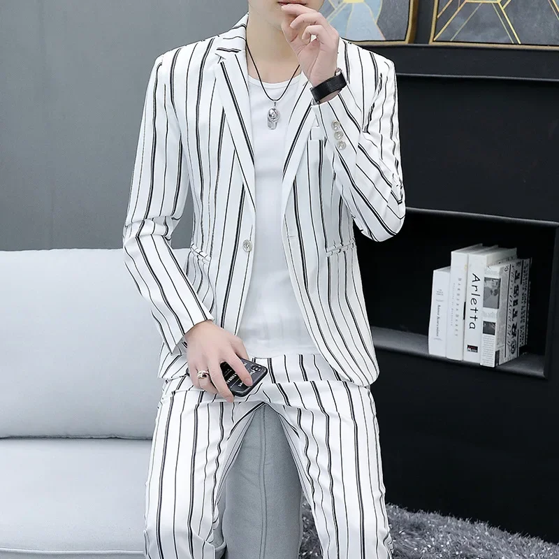 Suit Men (blazer+trousers) Fashion Business Casual Striped Harbour Style Slim-fit Gentleman Wedding Work Wedding Suits for Men