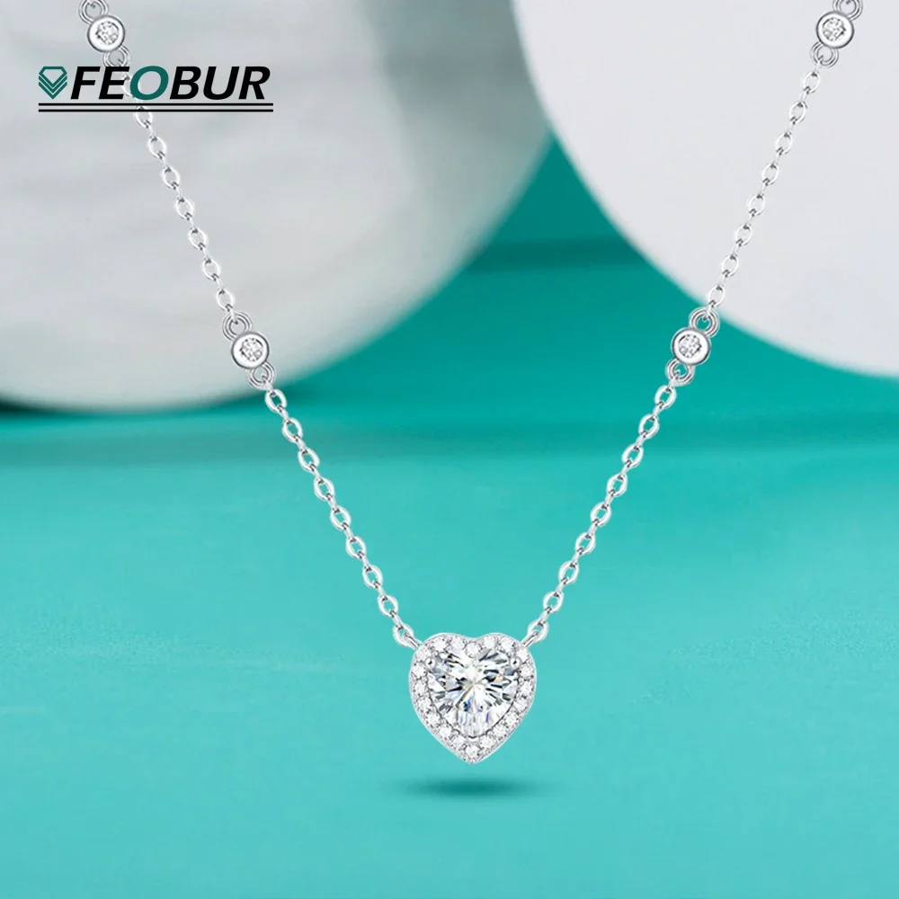 

FEOBUR S925 Sterling Silver Heart Moissanite Pendant Necklace for Women GRA Certified D Color VVS Diamond Luxury Wedding Jewelry