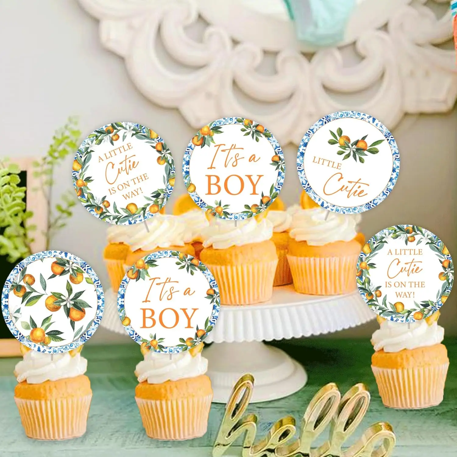 Little Cutie Cupcake Toppers, Oh It's a Boy Baby Shower Decors, Orange Theme is on the Way Clementine Citrus, 24 Pcs