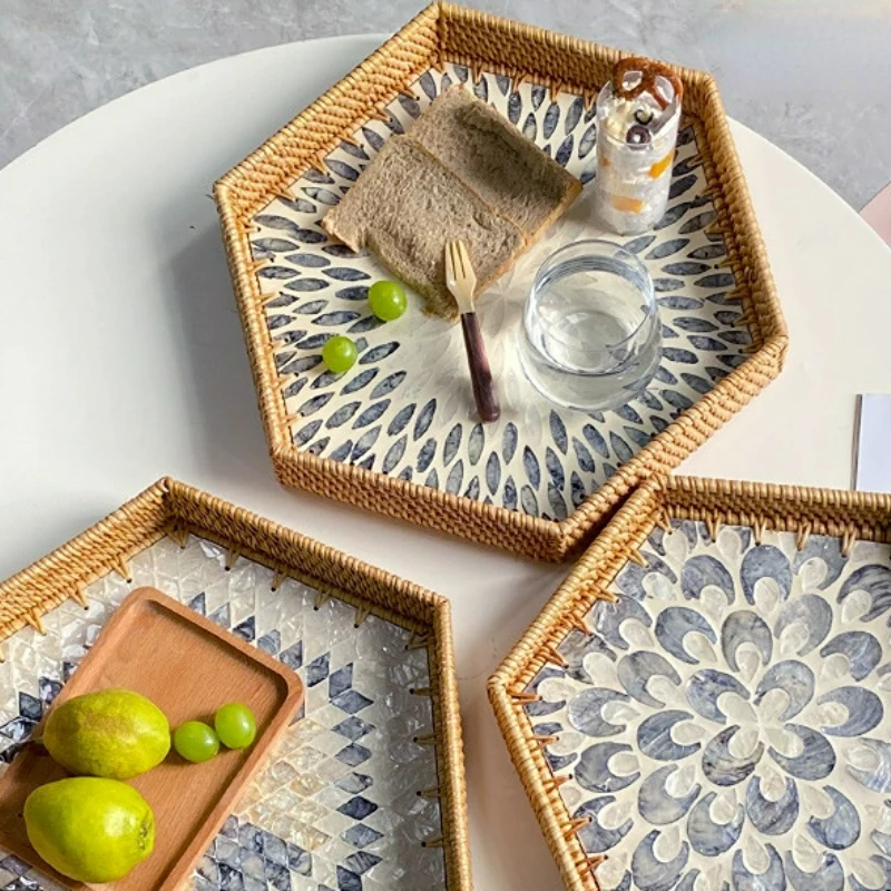 

Creative Rattan Shells Tray Polygon Basket Storage for Household Living Room Candy Snack Fruit Basket Decor Plate Organizer