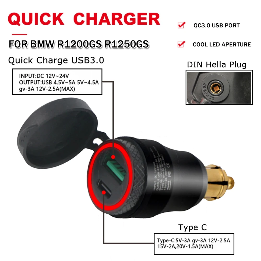 

R1250GS R1200GS Motorcycle USB Quick Charger Socket Type C Power Adapter Hella DIN Plug For BMW f 650 gs R 1200 1250 GS F800R