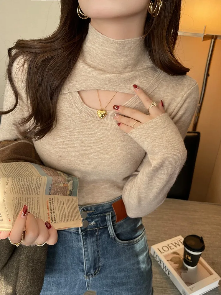 AOSSVIAO Hollow-out Turtleneck Knitted Women Sweater Ribbed Pullovers Autumn Winter Basic Women Sweaters Fit Soft Warm Tops