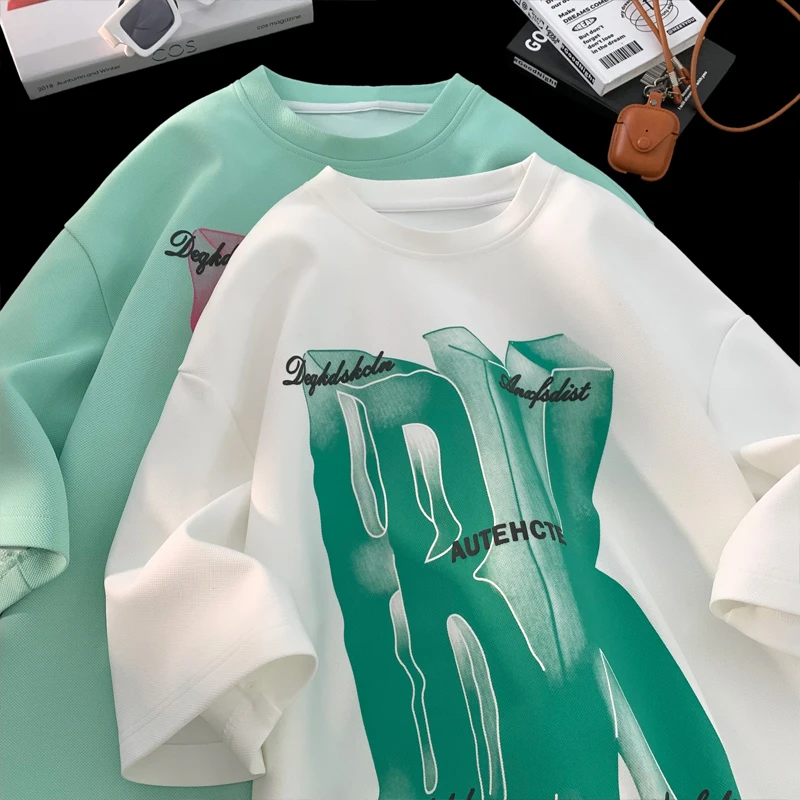 T-shirt da uomo color-blocking Design lettera stampa maglietta a maniche corte t-shirt alla moda stile College girocollo coppia abbigliamento