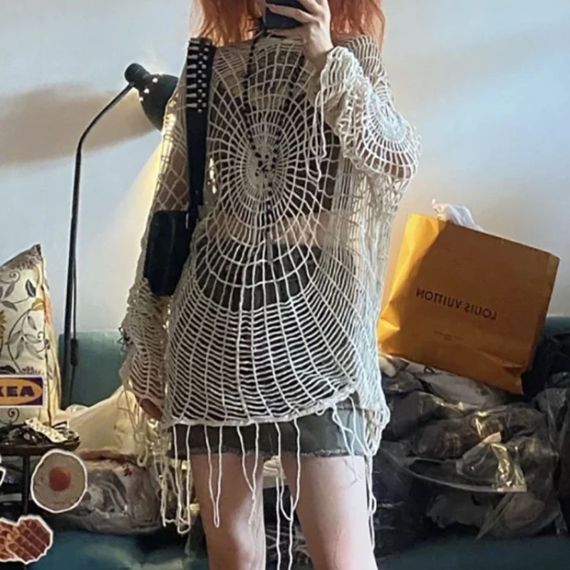 

Deeptown Vintage Hollow Out Sweater Loose Women Harajuku Y2K Grunge Spider Web Hooded Knitted Pullover Gothic Streetwear Jumper