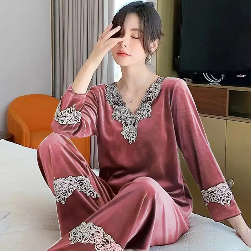 Golden Velvet Pajamas Female Spring and Autumn Long Sleeve Plus Fat Size Fat  Catties Winter Home Suit Can Be Worn Comfortable