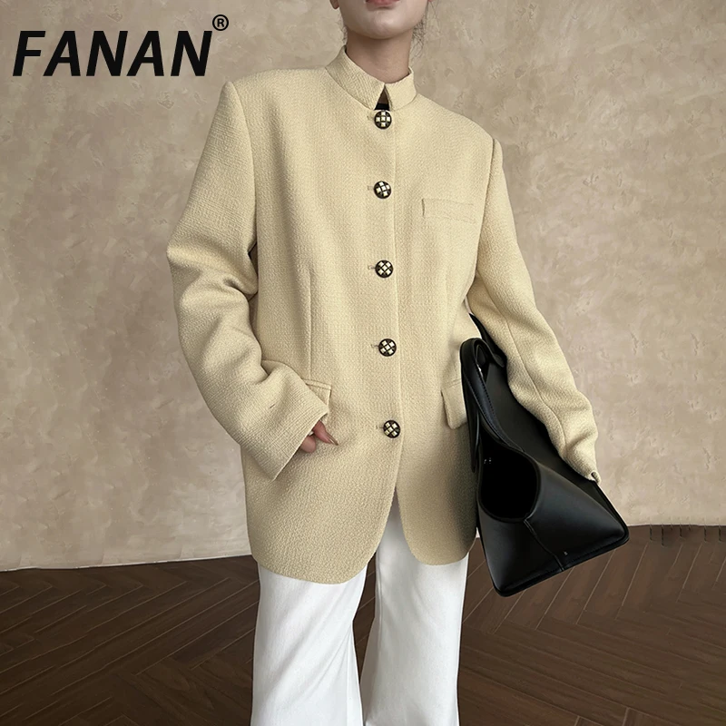 

FANAN Office Lady Stand Neck Blazers For Women Single Breasted Long Sleeve Temperament Jackets Fashion Clothes 2025 Autumn New