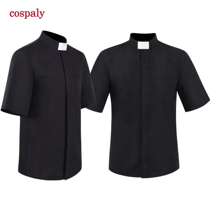 Priest Shirt Pastor Men Clergy Stand-Up Tab Collar Catholic Church Minister Preacher Short Sleeve Tops Roman Blouse S-5XL