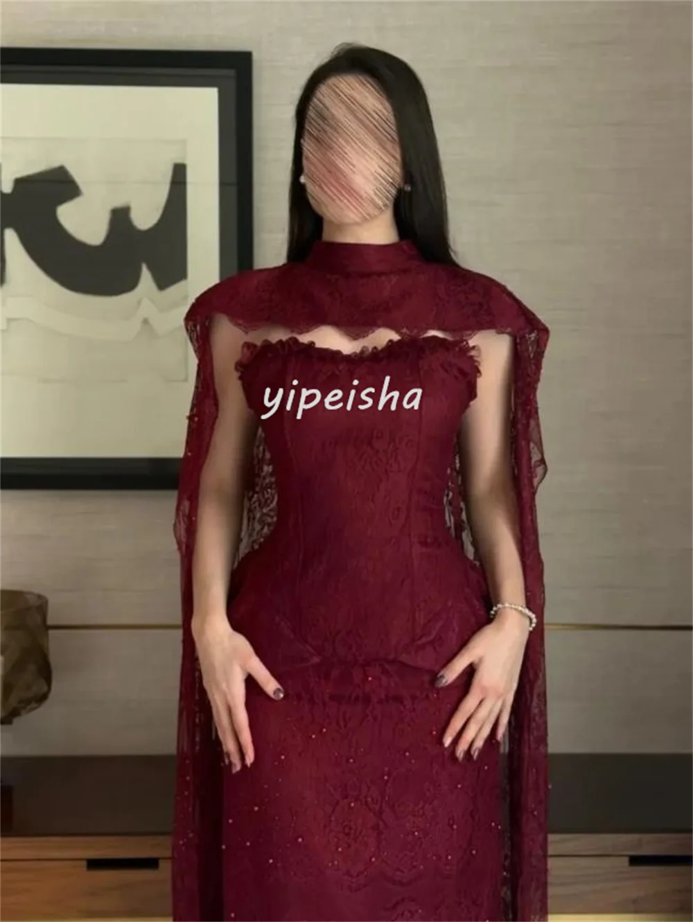 تخصيص مطابقة معقدة الدانتيل الطية Ruched اللؤلؤ الديكور مستقيم عالية الياقة فساتين متوسطة الطول فساتين مناسبة مخصصة رسمية