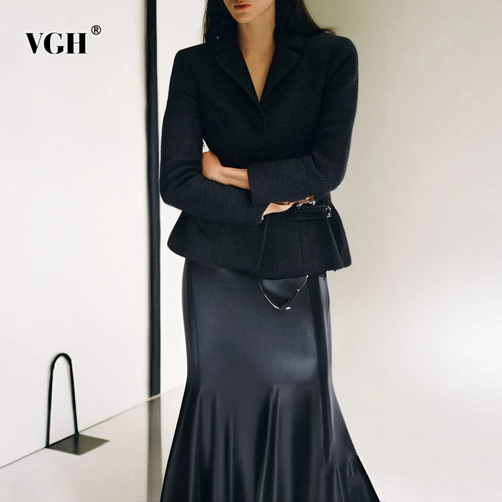 

VGH Temperament Solid Slimming Two Piece Sets For Women V Neck Long Sleeve Top High Waist Skirt Elegant Set Female Fashion Style