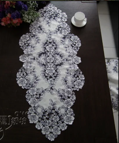 

Blue rose Elegant Embroidery Table Runner Pastoral Fabric Tea tablecloth, Luxury Table mat table Cover for decoration