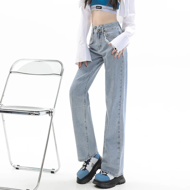 High Street Trend Personality Loose Wide Leg Jeans Women\'s Solid Pockets Button Zipper Tassel Spring High Waist Straight Pants