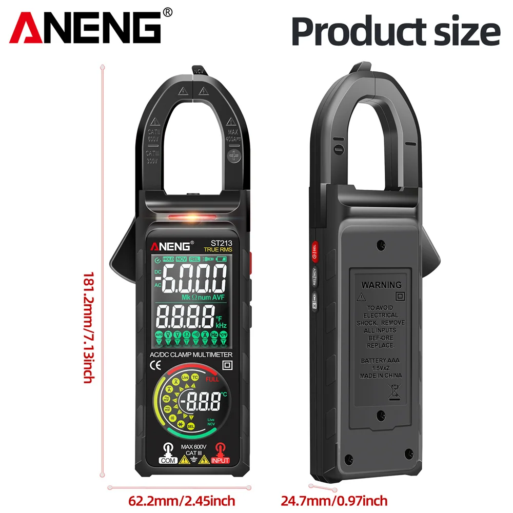 ANENG ST213 Digitale stroomtang DC/AC-stroom 6000 tellingen 400A Amp Multimeter Groot kleurenscherm Spanningstester Auto Hz NCV Ohm