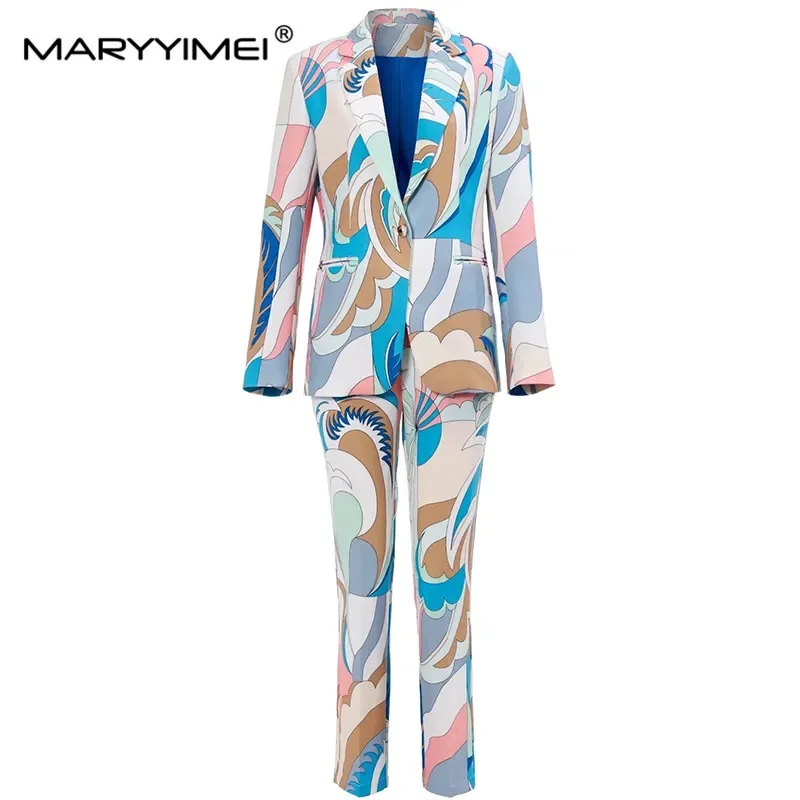 

MARYYIMEI New Autumn Fashion High Quality Suit Tailored Collar Pockets Single Button Coat＋Trousers Print Two Pieces Set