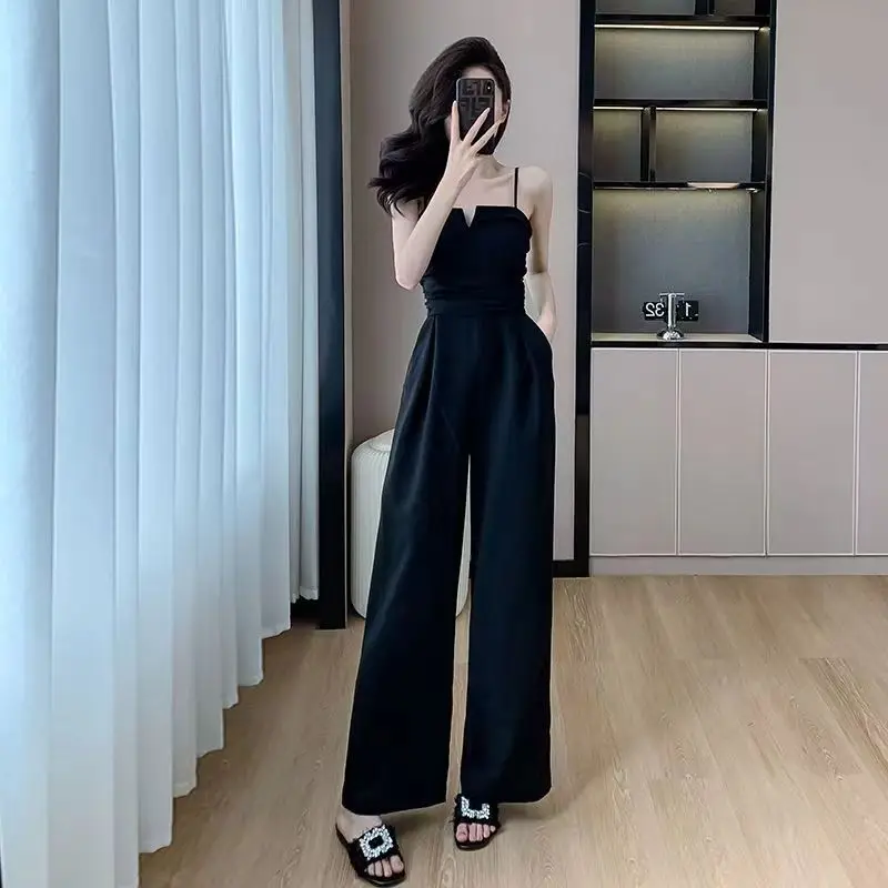 2024 Wiosna Lato Nowy Petite Waist Cinching High Camisole Straight Leg Jumpsuit Dla Kobiet Szerokie Nogawki Casual Pants Sling Romper